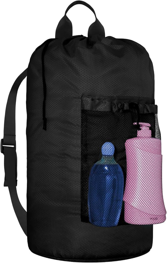iaodia Laundry Bag Backpack Large Travel Laundry Bag with Adjustable Shoulder Straps Portable Laundry Hamper for College, Dorm, Apartment Camp(Black)