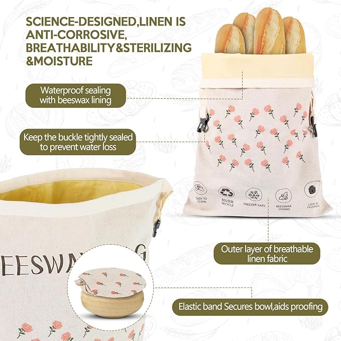 2 Pack Beeswax Bread Bag,17"×13"Reusable Organic Bread Bags for Homemade Bread Sourdough,Linen Outer Lining and Pure Cotton Beewax Inner Lining Moisture-proof &Fresh-Preserving With Buckle&Bowl Covers
