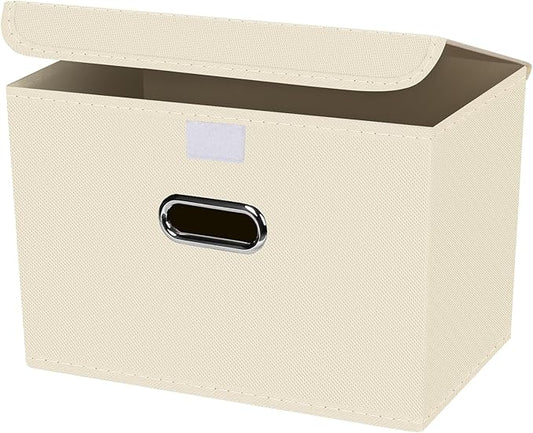1-Pack Large Collapsible Storage Bins with Lids,Fabric Storage Cubes Organizer for Shelves,Closet,Nursery,Foldable Cube Storage Baskets with Handles,Home Boxes (14.9"x9.8",Creamy-White)