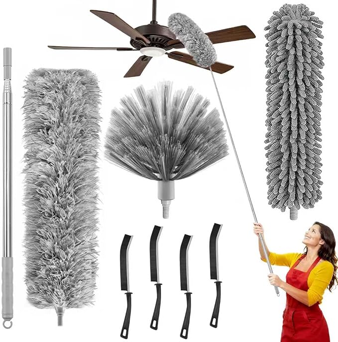 100-inch Duster with Extension Pole, 8-in-1 Cobweb Duster Kit Includes Chenille Head & Retractable Gap Cleaner, Spider Web Brush for High Ceiling, Fan, Car, and Home Cleaning