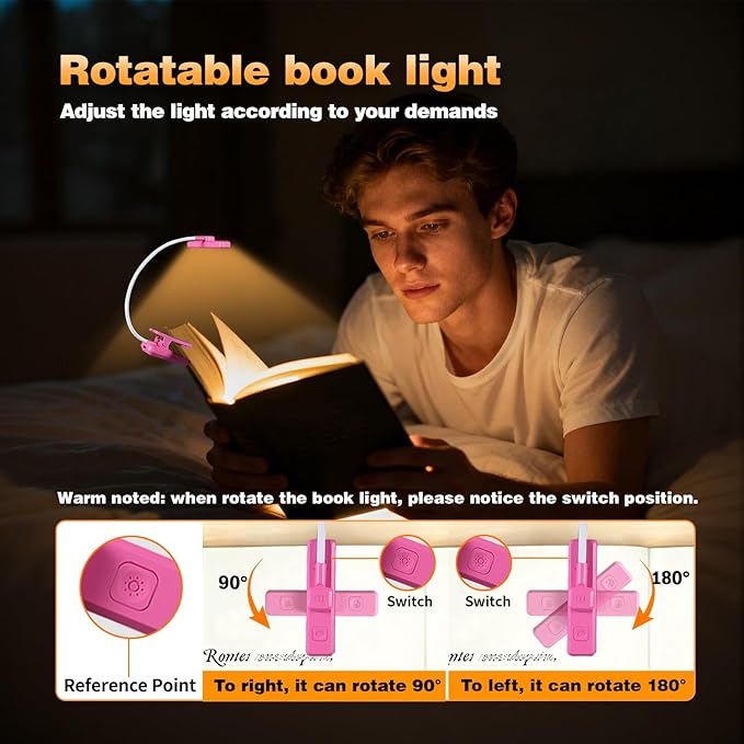 VAVOFO Rechargeable Book Light Rotatable：24 LEDs Reading Light, 3-Color & 9-Brightness Book Lamp, Eye Cared 120Hrs Runtime Lightweight Clip on Led Light for Book Lovers (Rose)