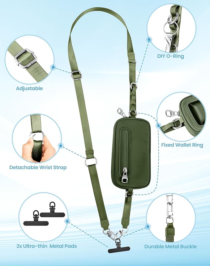 SHANSHUI Clip and Go Phone Strap Wallet Crossbody Phone Lanyard, Detachable Wristlet Strap with Zipper Phone Screen ID Window, 2 Pcs Metal Tether Pads Compatibe for iPhone & Most Smartphones Green