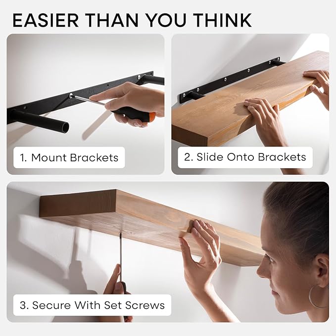 Homeforia 48 inch Golden Oak Floating Shelf, High End Solid Real Wood 48inch Small Floating Shelves for Wall Mounted, Oak Wooden 48in Floating Shelves, Heavy Duty Bracket, 48 X 6.5 X 1.75 in, Set of 3
