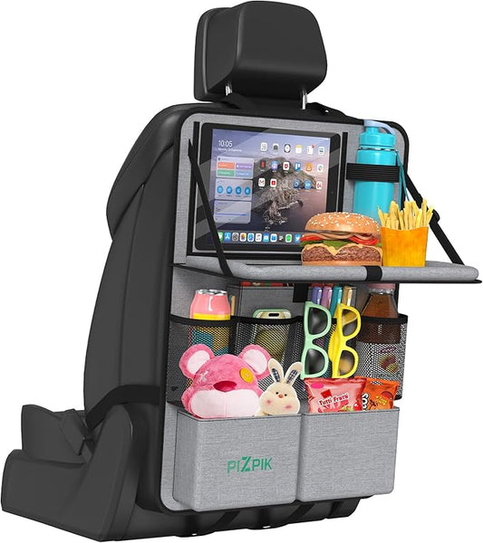 Car Backseat Organizer with Tablet Holder, 11 Storage Pockets with Foldable Food Tray, Protector Kick Mats for Kids, Travel Accessories Organizer (Gray, 1 Pack with Food Tray)