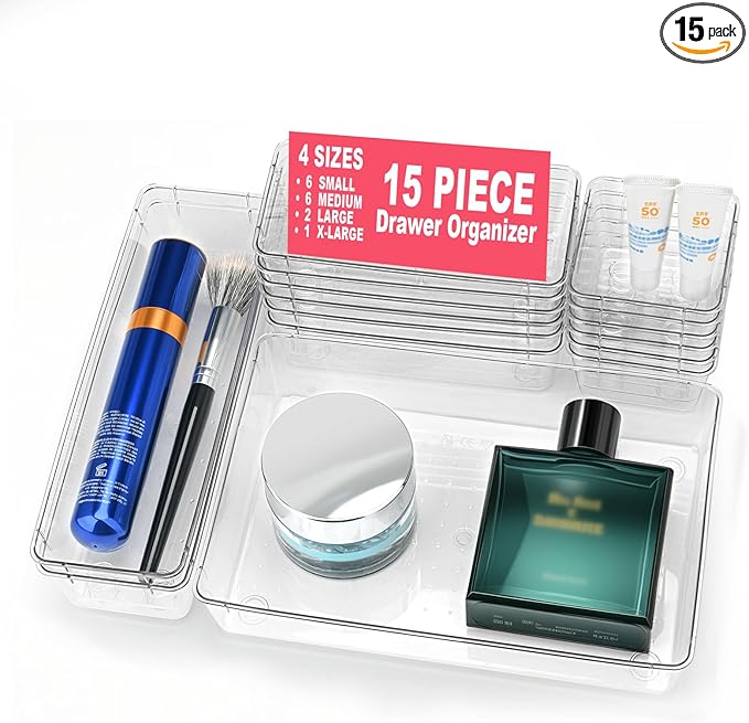 15 Piece Clear Plastic Drawer Organizers Set - 4 Sizes Bathroom & Dresser Storage Bins, Stackable Kitchen Desk Organizer Trays for Makeup, Jewelry, Utensils, Junk, Gadgets