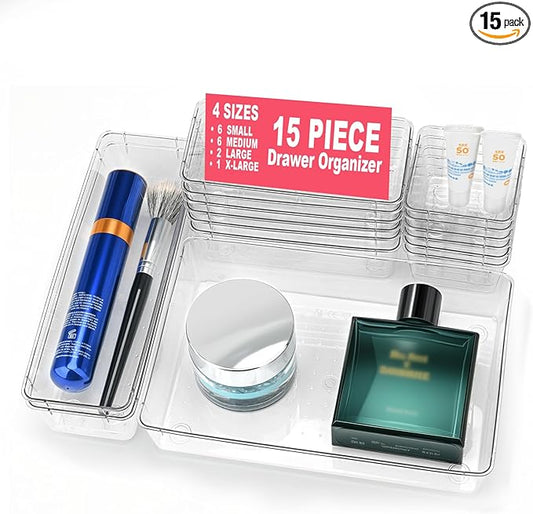 15 Piece Clear Plastic Drawer Organizers Set - 4 Sizes Bathroom & Dresser Storage Bins, Stackable Kitchen Desk Organizer Trays for Makeup, Jewelry, Utensils, Junk, Gadgets