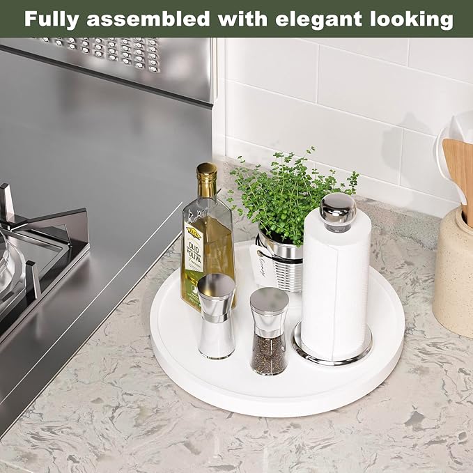 White Lazy Susan for Table, 12 Inch Non-Skid Bamboo Turntable Organizer for Salt Pepper Spices and Olive Oil Next to Stove, Wooden Lazy Susan Organizer for Kitchen Countertop Organizer