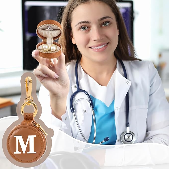 Mini Initial Travel Jewelry Case Ring Holder, Brown Faux Leather Small Jewelry Organizer Box Gifts for Women Girls Nurse Teacher, Gym Travel Accessories Keychain Pouch for Earrings Rings Necklace M
