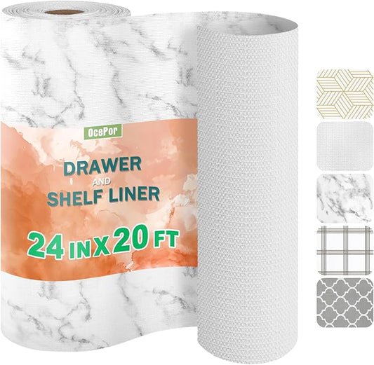OcePor Non-Adhesive Drawer and Shelf Liner 24IN x 20FT，Non Slip Cabinet and Cupboard Liner, Kitchen Cabinet Liners for Shelves, Waterproof Drawer Shelf Liners for Cabinets/Bathroom Cupboard, Marble