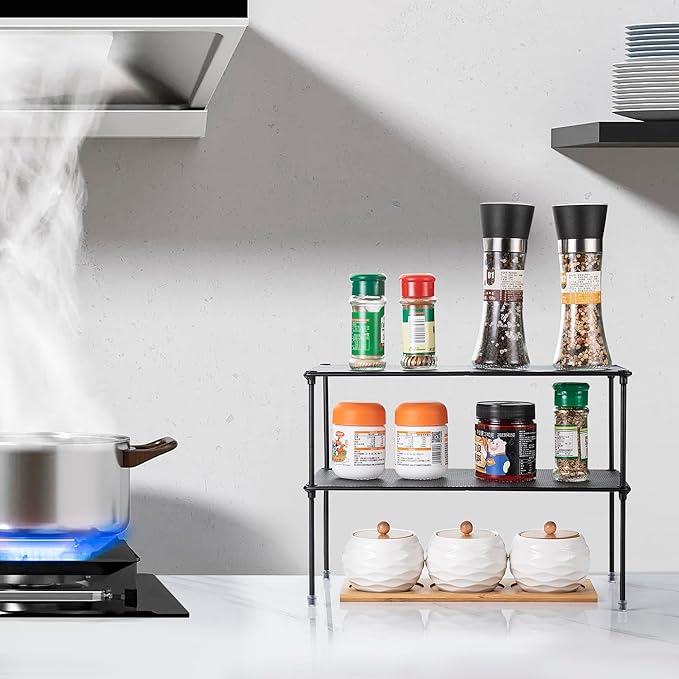 2-Pack Kitchen Cupboard Shelf Organizer for Cabinet, Expandable & Stackable Counter Cupboard Organiser, Storage Rack for Bathroom, Kitchen, Laundry Room