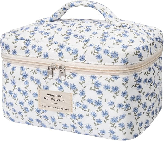 Gosect Large Makeup Bag, Cute Cosmetic Bag for Women Girls, Floral Coquette Aesthetic Toiletry Bag, Travel Make Up Organizer Bag (Blue Peacock Flower)
