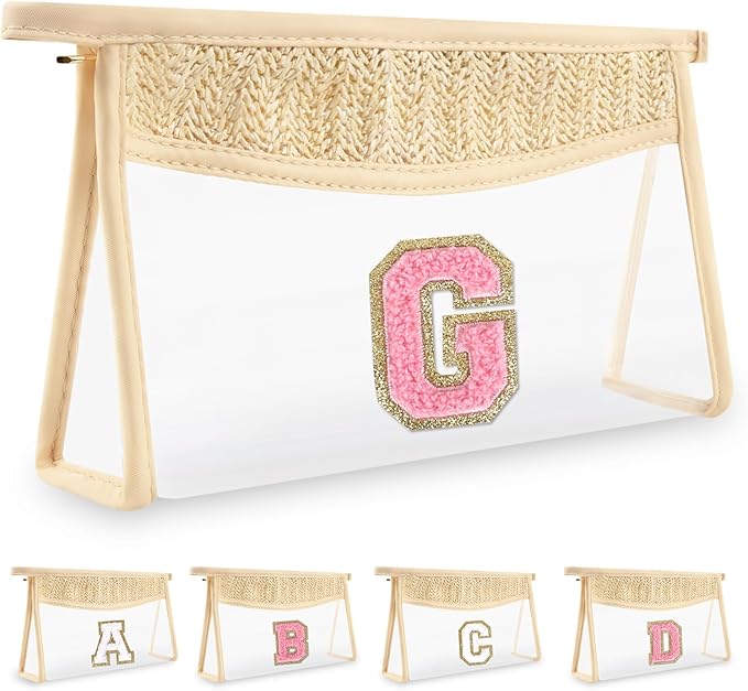 Small Boho Straw Initial Letter Makeup Bag Personalized Gift ,Cute Clear Chenille Patch Makeup Bag With Zipper,Trendy TSA Approved Travel Toiletry Bag,Gift for Women Girls Birthday Friend, Letter G