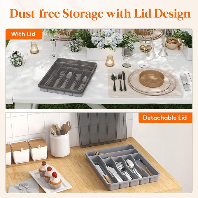 Lifewit Silverware Organizer with Lid, Covered Utensil Tray for Kitchen Drawer and Countertop, Plastic Cutlery and Flatware Storage Box for Spoons Forks Knives Holder Case, 7 Compartments, Gray