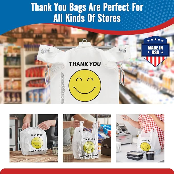 Fuxury 1000 Count Happy Smiling Face Thank You Plastic Bags (11.5 x 6.5 x 21) White, Have a Nice Day T-shirt Bags for Business, Grocery, Take Out, To Go, Retail Shopping in Bulk