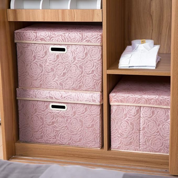 PRANDOM Larger Collapsible Storage Bin with Lid [1-Pack] Fabric Decorative Storage Box Cube Organizer Container Basket with Handles Divider for Bedroom Closet Living Room Pink 17.7x11.8x11.8 Inch