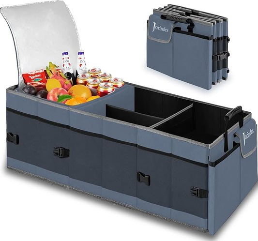 Trunk Organizer with Built-in Insulated Leak Proof Cooler Bag, Collapsible Cargo Organizer for SUV with Non Slip Bottom Strips, 3 Large Compartments Foldable Waterproof Portable Car Storage Box XL