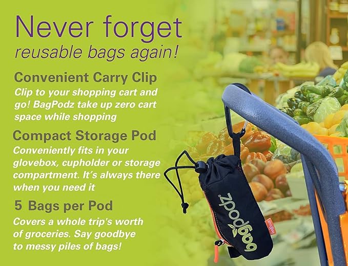Sturdy Reusable Grocery Bags, Foldable and Washable - Made from Ripstop Nylon, Holds 50lbs - Designed in USA - Reusable Shopping Bags Inside a Compact Pod with Carry Clip - 5 Pack in Green