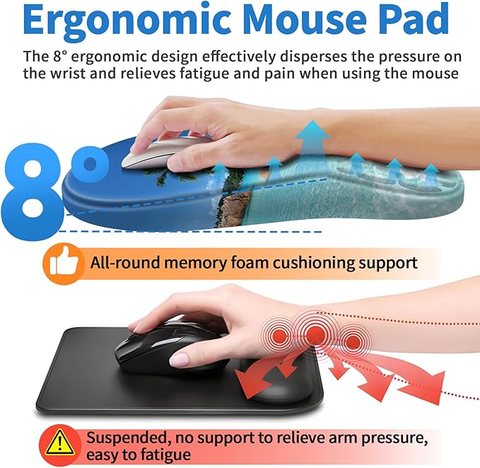 YIWEI Ergonomic Mouse Pad with Wrist Rest - Comfortable Office Mousepad with Memory Foam Wrist Support for Carpal Tunnel Relief, Mouse Pads with Non-Slip Base for Gaming and Home (Beach)