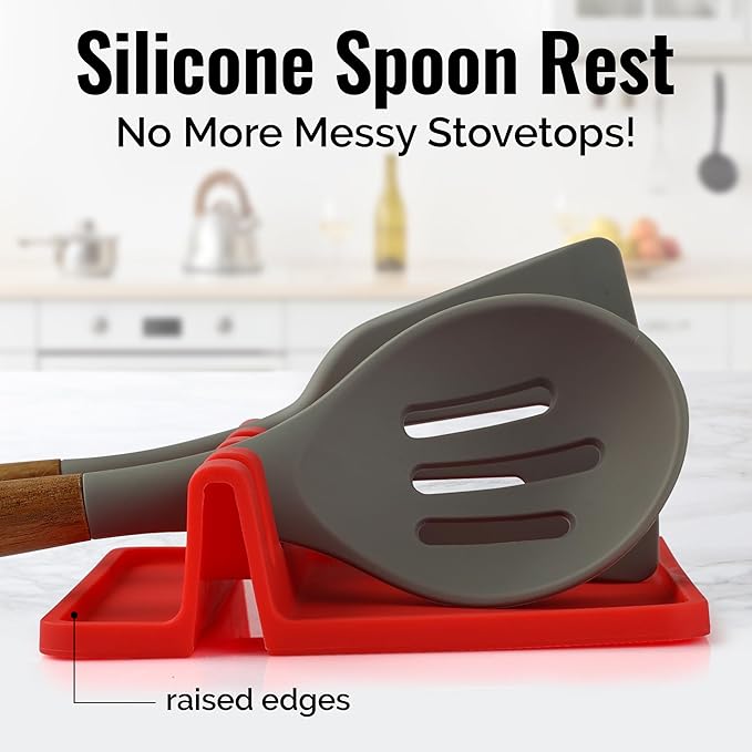 Zulay Kitchen Silicone Utensil Rest with Drip Pad for Multiple Utensils - BPA-Free, Heat-Resistant Spoon Rest & Spoon Holder for Stove Top - Kitchen Utensil Holder for Ladles & Tongs - Red