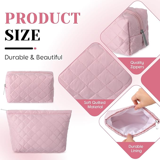 2 Pcs Pencil Case Quilted Makeup Bag Aesthetic Cosmetic Pouch for Women Puffer Travel Toiletry Bag Set Cotton Small Purse Pouch Makeup Organizer with Zipper(Pink)