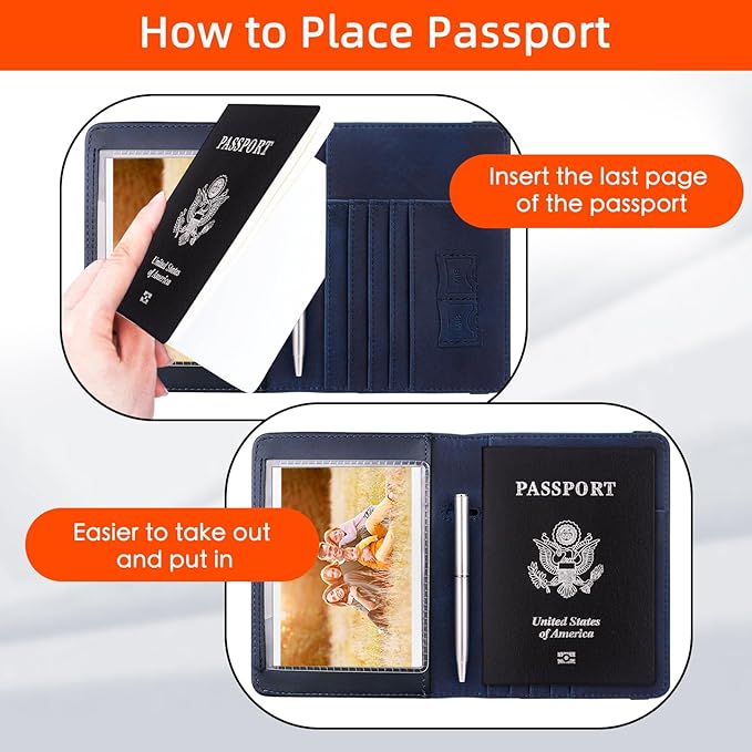 WALNEW Passport Holder for Travel, RFID Passport Cover Wallet for Women Men, PU Leather Passport Book Case with Pen Holder and Clear Photo Slot, Navy Blue