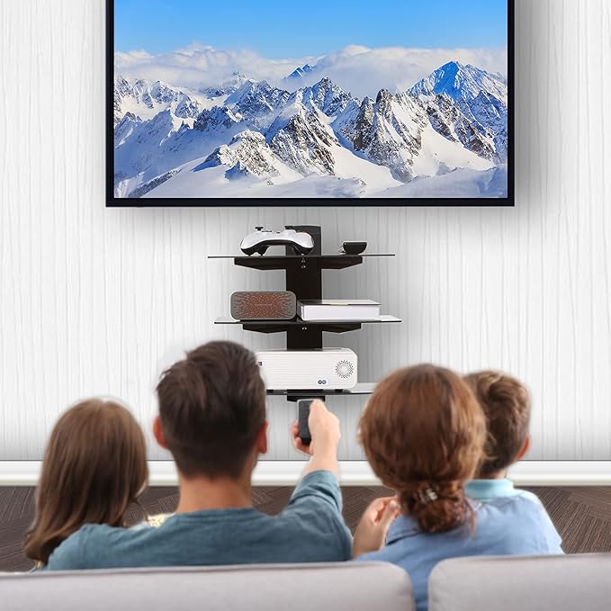 WALI Floating TV Shelf, 3 Tier Glass Projector Shelf for DVD Players, Routers, Game Consoles, Cable Boxes, Living Room Decor Accessories, Wall Mount Shelves Holds Up to 17.6lbs(CS303B), 3-Shelf, Black