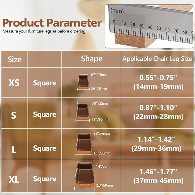 16Pcs Square Chair Leg Floor Protectors with Thickened Felt Pads Silicone Chair Leg Covers Caps to Protect Hardwood Tile Floors Furniture Feet Reduce Noise (Brown XS Fit 0.55"-0.75")