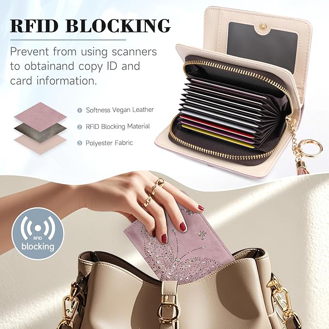 Women RFID Blocking Small Bifold Wallet, Compact Cash Clutch with Zipper Coin Pocket, Glittery Butterfly Design, Credit Card Holder, Travel Purse with Tassel PURPLE