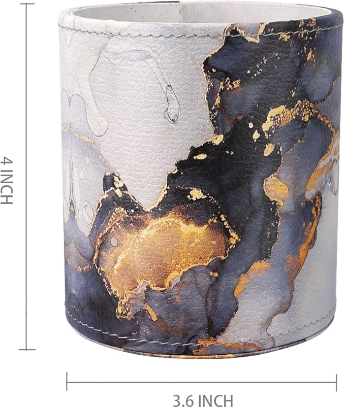 WAVEYU Marble Pen Holder for Desk, Pencil Organizer Office Decor, Makeup Brush Holder Large Pu Leather Multi-Functional Organizer Cup for Office, Classroom, Home, Gold Marble