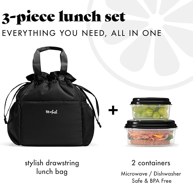Fit & Fresh Cromwell Drawstring Lunch Bag for Women, Complete Lunch Set with 2 Containers, Stain-Resistant, Leak-Resistant, Back to School Essential, Teacher Lunchbox, Black