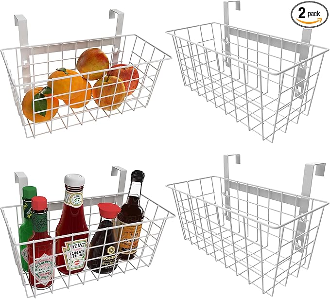 MaraFansie Basket with Hook, Grid Storage Basket, Over the Cabinet Door Organizer, Wire Hanging Basket with Hook Over the Door/Railing, Under Sink Kitchen Cabinet, Pantry, Bathroom, White, 4 Pack