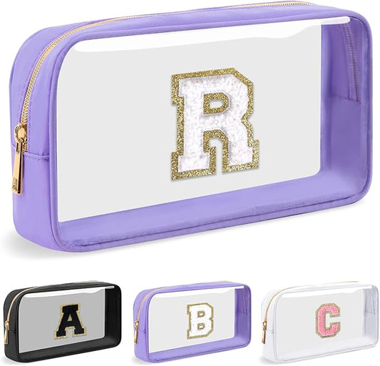 Personalized Initial Letter Clear Makeup Bag, Preppy Small Nylon&PVC Cosmetic Zipper Bag with Chenille Letter, Travel Skincare Toiletry Bag, Monogram Christmas Gift for Teen Girls Women, R