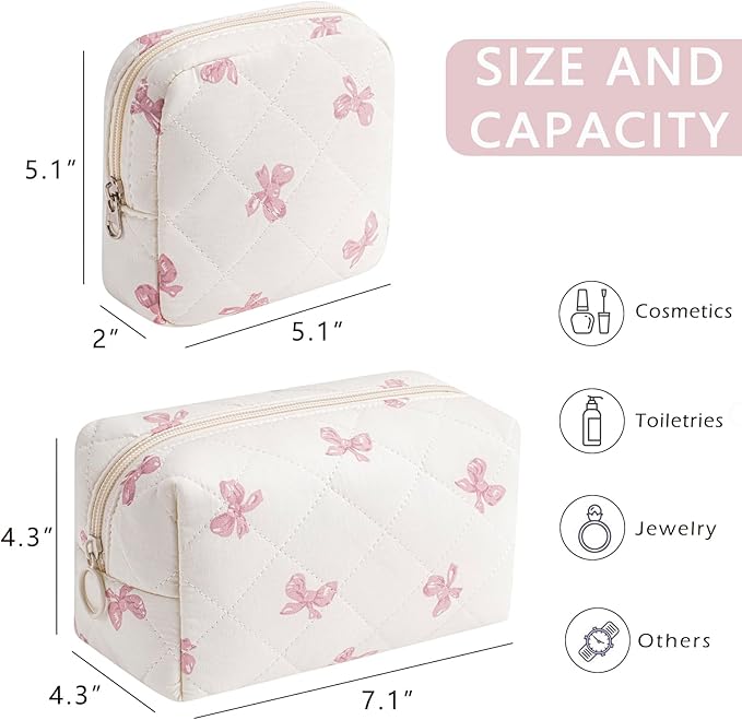 2pcs Small Quilted Cotton Makeup Bag for Purse, Cosmetic Bag with Compartments, Cotton Aesthetic Makeup Bag, Travel Toiletry Pouch, Lipstick Bag Card Holder Data Cable Organizer (Pink Bow Set)