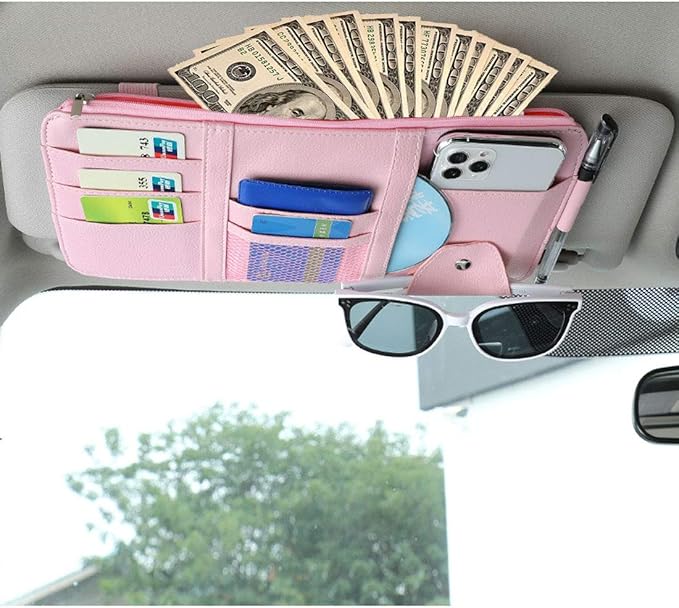 Car Sun Visor Organizer, Registration and Document Holder, Personal Belonging Storage Pouch Auto Interior Accessories Pocket Organizer (Pink)