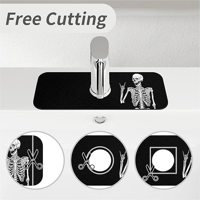 Kitchen Sink Splash Guard, Black Funny Skull Faucet Mat Sink Gadgets - Super Absorbent Fast Drying Mat Drip Catcher for Kitchen, Bathroom, Sink Mat, Dish Drying Mat, Bathroom (15" x 5.5")