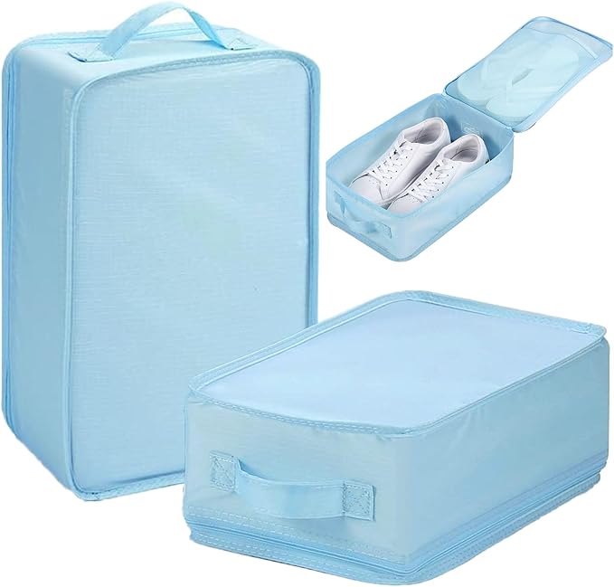 tianzong 2 Pack Plaid Travel Shoe Bag with Carry Handle & Mesh Pocket - Shoe Organizer for Sneakers, Heels, Sandals, Gym, Laundry (Blue)