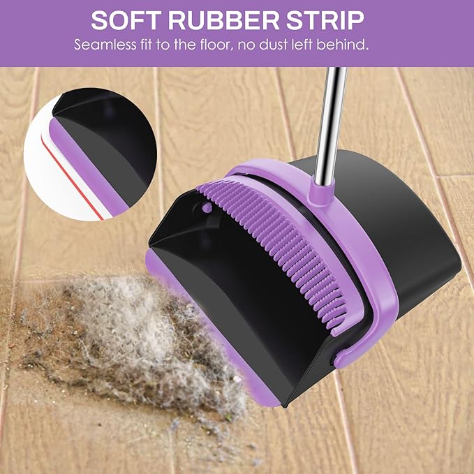 Broom and Dustpan Set for Home, 51-in Long Adjustable Handle Angle Broom and Dustpan Combo Set with Dust Pan Teeth to Clean Hair for Home Kitchen Office Lobby Floor Garden (Black&Purple)