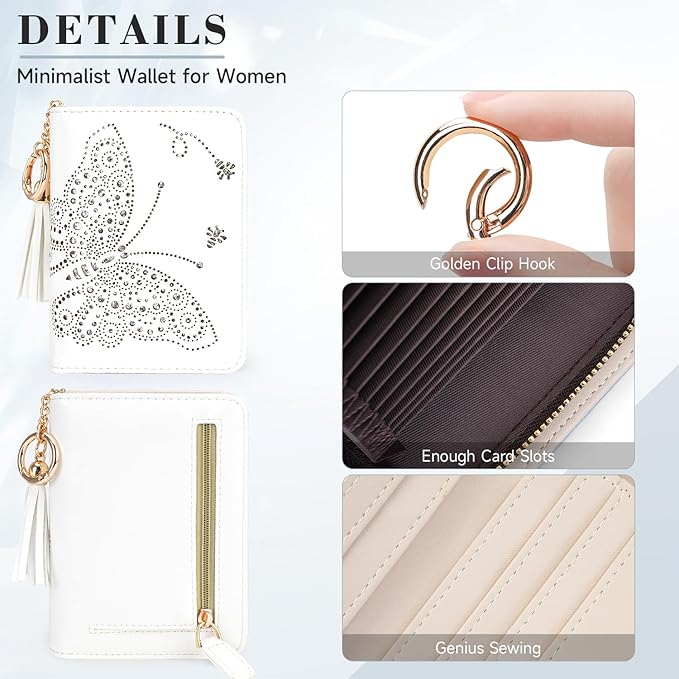 Women RFID Blocking Small Bifold Wallet, Compact Cash Clutch with Zipper Coin Pocket, Glittery Butterfly Design, Credit Card Holder, Travel Purse with Tassel WHITE