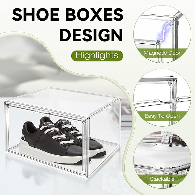8 Pack Shoe Storage Organizer for Closet, Size 12.5 Sneaker Display Case Clear Stackable Plastic Shoe Boxes with Magnetic Acrylic Door, Fit up to US Size 12.5