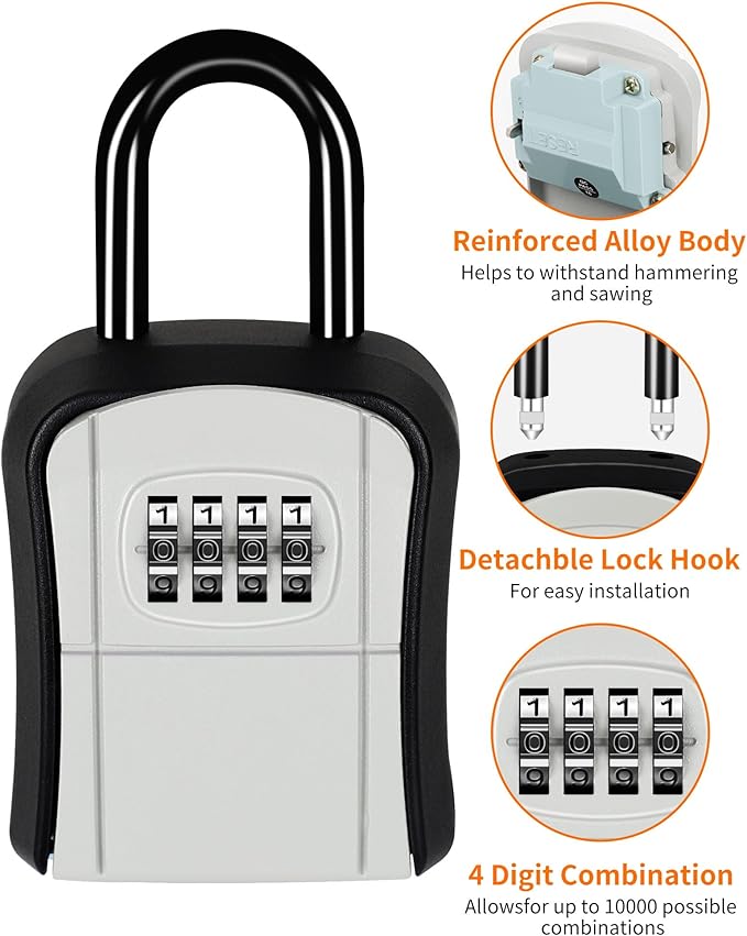 Portable Key Lock Box,Key Holder Safe Security Lock Box for Indoor, Outdoor, Garage, Garden, Store (2, Grey)