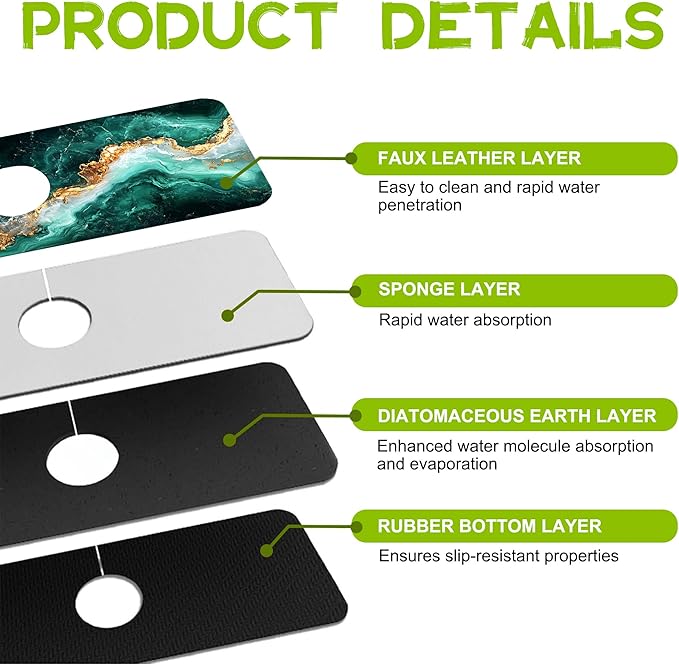 Emerald and Gold Marble Texture Kitchen Sink Splash Guard Faucet Mat, Super Absorbent Fast Drying Mat Guard Behind Faucet, Drip Catcher for Kitchen Bathroom, 15.5"X5.5"