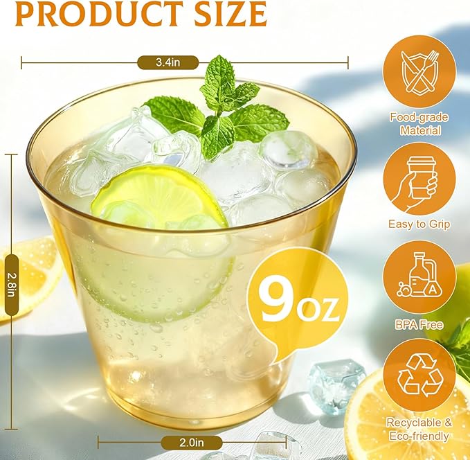 9 oz Clear Plastic Cups Glod Plastic Disposable Cups for Cocktail 50 Pack Fancy Cocktail Cup for Party Stemless Wine Glasses for Party Wedding Graduation Birthday