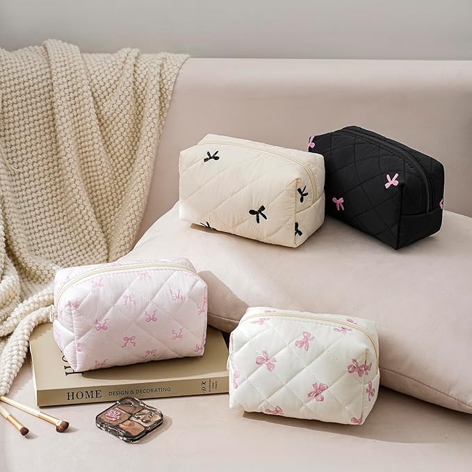 2pcs Small Quilted Cotton Makeup Bag for Purse, Cosmetic Bag with Compartments, Cotton Aesthetic Makeup Bag, Travel Toiletry Pouch, Lipstick Bag Card Holder Data Cable Organizer (Pink Bow Set)