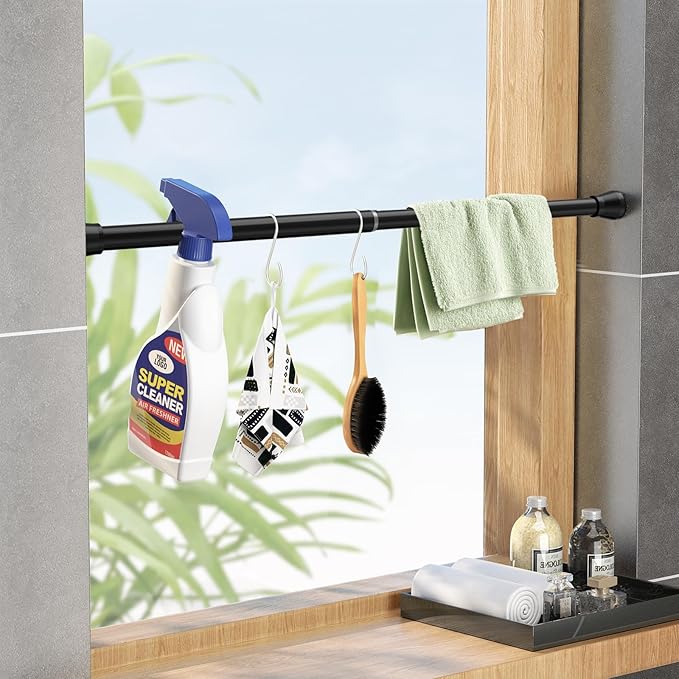 Tension Rod 16 to 26 Inch Adjustable Curtain Rod No Drilling Black Tension Curtain Rod Spring Tension Curtain Rod for Bookshelf Diy Projects Kitchen Cupboard Bathroom Wardrobe 2PCS