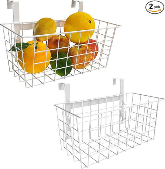MaraFansie Basket with Hook, Grid Storage Basket, Over the Cabinet Door Organizer, Wire Hanging Basket with Hook Over the Railing, Under Sink Kitchen Cabinet, Pantry, Bathroom, White, 2 Pack