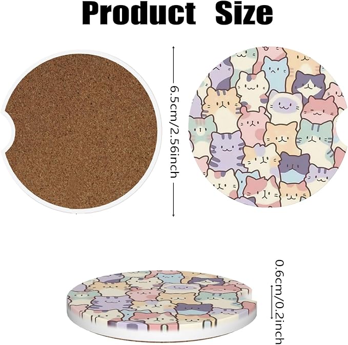 Car Cup Holder Coasters, 2 Pcs Ceramic Coasters with Cork Back and Finger Slot, Anti-Slip Shock Absorbing Women and Men Universal Car Accessories - Smiling Cat