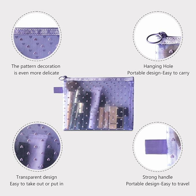 4-Piece Heart Printed Mesh Makeup Bag Set, Portable Travel Cosmetic Bags Toiletry Bags Makeup Purse Bags Zipper Storage Pouches for Home Offices Travel Accessories (Light Purple)