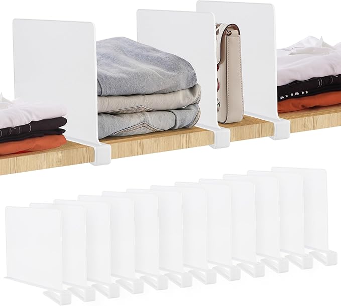 JOY DECOR 12 Pack Acrylic White Shelf Dividers for Closets Organizer and Storage Adjustable Vertical Wood Shelf Closet Separators for Clothes, Book, Bags in Bedroom and Kitchen