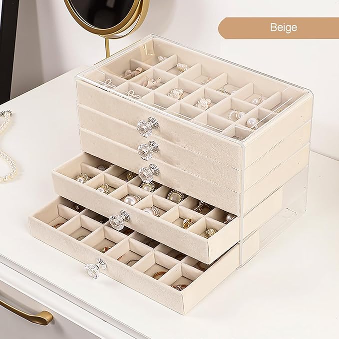 SPAKOWN Earring Box Holder Organizer Display Case, Clear Velvet Jewelry Storage Tray Organizer for Earring Ring Stud (Beige - 5 Drawers)