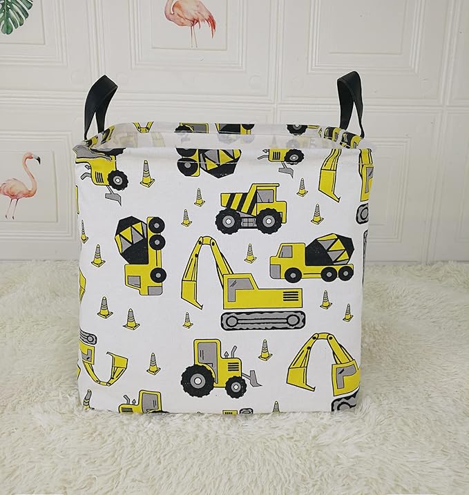 KUNRO Square Storage Basket Gift Shelf Basket Storage Bin, Nursery Basket Organizer Box for With Handles for Room Deco (Excavator)